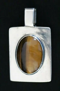 Vintage Sterling Silver 1.8" Tiger's Eye Pendant Solid 925 Silver 20.3g - Picture 1 of 5