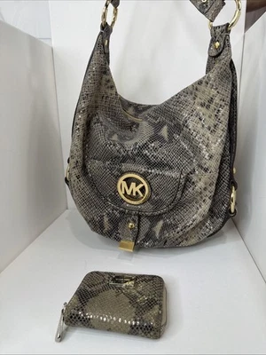 Michael Kors Python Embossed Leather Hobo Shoulder Bag Gold Hardware + Wallet - Image 1 of 4