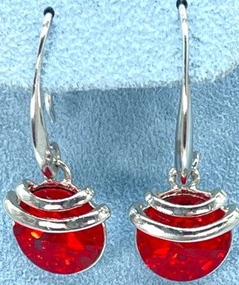 Earrings Silver Tone Red Crystals w/Wrap Around Band Accents Drop 1.25" - image 1 of 4