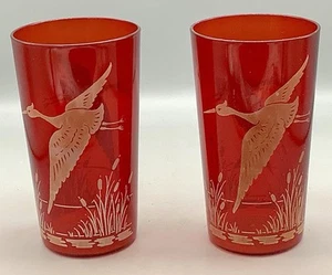 VTG 1930-50 Ruby Red Hazel Atlas Heron In The Marsh Drinking Glasses (Set Of 2j - Picture 1 of 12
