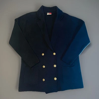 Tommy Hilfiger Wool Blazer Cardigan L Navy Double Breasted Gold Button Preppy - Image 1 of 4
