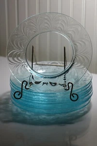 9 MORGANTOWN HAMPTON ANNA ROSE with PALM OPTIC AQUA BLUE 7.25" PLATES - Picture 1 of 10