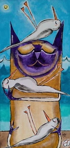 Cat Painting Original Birds Siamese Seaside Landscape 16 x 8 By Samantha McLean - Picture 1 of 2