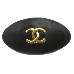 CHANEL CC Logos Hair Barrette Black Gold Leather 51 Authentic 47876