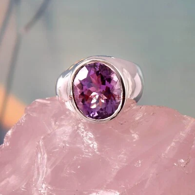 Piedras preciosas de amatista natural con anillo de plata de ley 925 para hombre #891 Foto 1 de 4