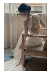 Halter neck light wedding dress, simple petite backless engagement gown, casual - Picture 1 of 10