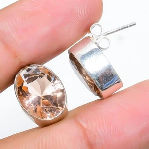 Morganite  Gemstone Handmade 925 Sterling Silver Jewelry Earring Size 1" - Picture 1 of 1