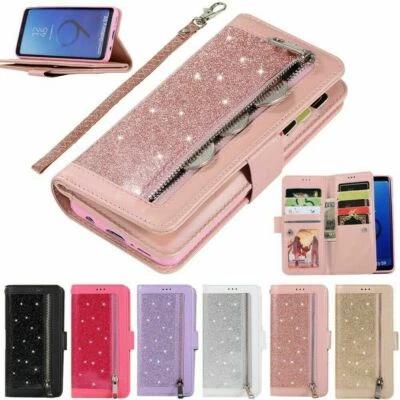 Zipper Glitter Leather Wallet Phone Case For Samsung S22 S21 S20 S10 S9 Note 20 - Image 1 of 4