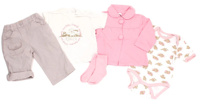 C&A 5tlg. Kombi Mädchen Turn-up-Hose T-Shirt Sweat-Jacke Body Socken - Gr. 74 - Bild 1 von 1