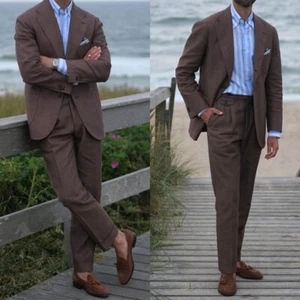 Men's Summer Coffee Linen Suits 2 Piece Regular Fit Wide Lapel Suits for Wedding - Picture 1 of 17