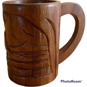 Vtg Wooden Tiki Cup Hand Carved Tiki Hut Palm Trees Tropical - Picture 1 of 8