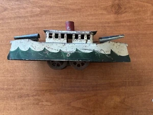 Antique SCHIEBLE GUNBOAT Battleship Tin Gun Boat Hillclimber Friction Toy - Picture 1 of 10