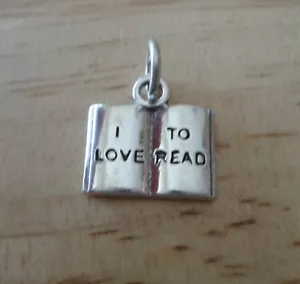 Sterling Silber 3D 14x13mm sagt, ich liebe es, auf einem Buch zu lesen Charm - Bild 1 von 4