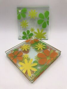 4 Glass Coasters Mod Daisy Flower Power Yellow Orange Green 3.5" Square 