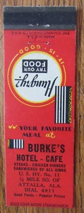 ATTALLA, ALABAMA STREICHHOLZSCHACHTELHÜLLE: BURKE'S HOTEL & CAFE 1940er MATCHCOVER -D - Bild 1 von 2