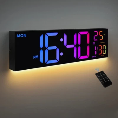 16" Large Digital Wall Clock, Big LED Display with Remote, 8 RGB Color, Alarm - Image 1 of 4