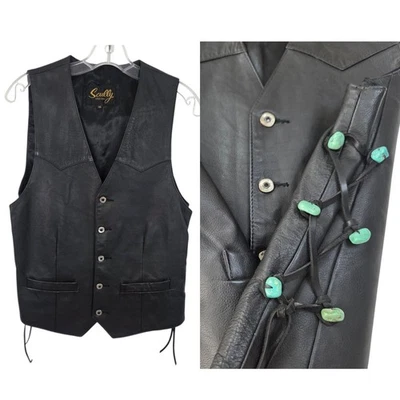 Scully Vintage Leather Vest Turquoise Stone Side Lacing Mens 38 Small Black - Image 1 of 4