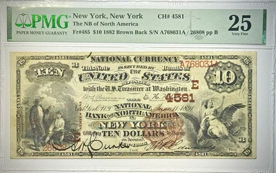 1882 Fr# 485 $10 Brown Back National Bank Note New York, New York - PMG VF 25 - Image 1 of 4