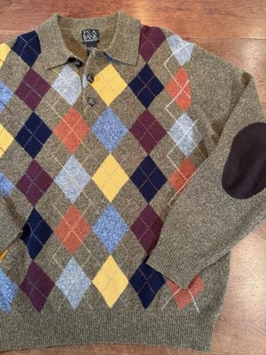 Jos A Bank мужчин Argyle геометрический вязаный Henley нашивка свитер большой 100% ягнят шерсти - Изображение 1 из 4