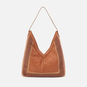 HOBO Schultertasche V-Tasche Daisy braun gehäkelt 100 % Rindsleder Baumwolle - Bild 1 von 10