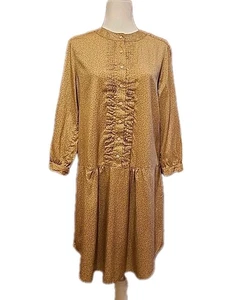 LL Bean Hemdblusenkleid Retro Landhaus Prärie Boho Seide fallende Taille Blumen hellbraun Gr. 6 - Bild 1 von 13