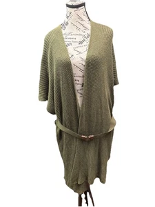 1X CHAPS RALPH LAUREN GREEN RIB KNIT OPEN FRONT PONCHO CARDIGAN SWEATER W/BELT - Picture 1 of 7