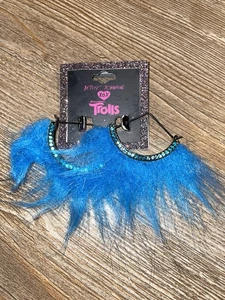 New Designer Limited Betsey Johnson XO Trolls Faux Fur Hair Blue Earrings Dangle - Picture 1 of 2