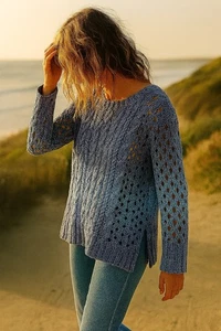 Coldwater Creek Oversized Cable Sweater XS - Blue Ombre, Open Weave Boho Coastal - Picture 1 of 12