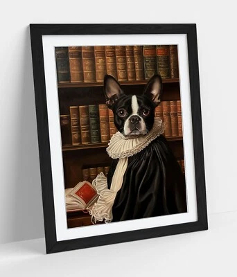 RENAISSANCE PORTRAIT OF BOSTON TERRIER DOG -FRAMED WALL ART POSTER PAPER PRINT - Image 1 of 4