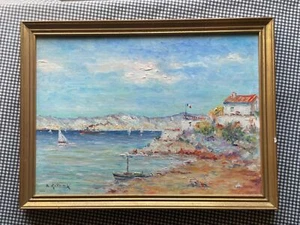 Panel de pintura al óleo Bruno Retaux paisaje casa cielo barcos costa francesa de 15" - Imagen 1 de 4