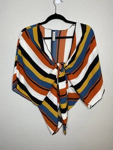 M2D Medium Blouse Striped Orange Blue Yellow Tie Front Deigned & Sewn in Cali - Picture 1 of 7