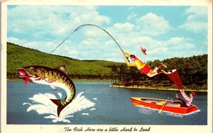 Vintage Humor Comic Fishing Postcard Fish are Hard To Land Here ~ Flying Man - Picture 1 of 4