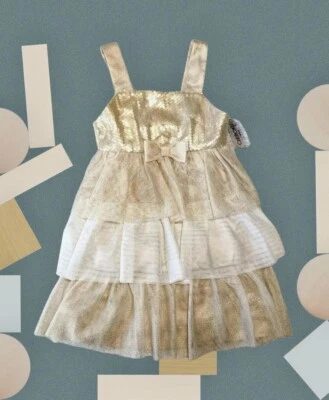 NUEVO CON ETIQUETAS VESTIDO CHEROKEE CON VOLANTES EN CAPAS PARA JÓVENES NIÑAS 5T lentejuelas doradas suaves marfil  Foto 1 de 4