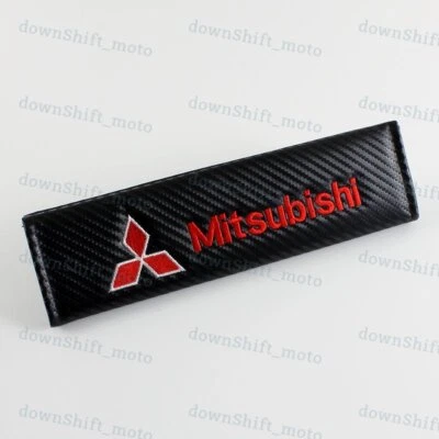 X2 MITSUBISHI Black Carbon Fiber Look Embroidery Seat Belt Cover Shoulder Pads - Image 1 of 4