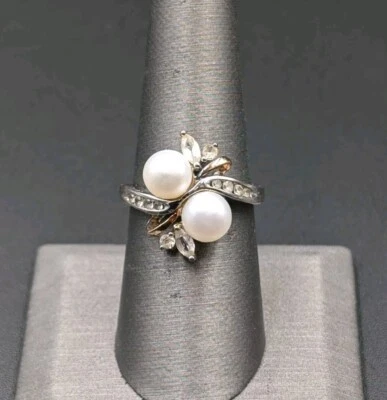 Signed Sterling Silver & 14K Gold Double Pearl & CZ Cocktail 925 Ring - Sz 7.75 - Image 1 of 4