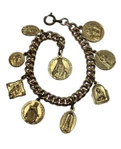 Religious Catholic Saints Mary Jesus charm bracelet gold tone vintage - Picture 1 of 10