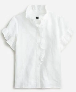 NWT J. Crew Women’s 10 Ruffled Button Down Cottage White Linen Shirt $110 Retail - Picture 1 of 13