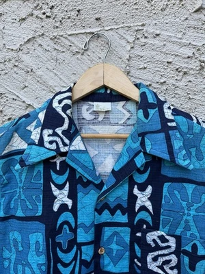 Kings Road Sears Vintage 60s 70s Hawaiian Tiki Shirt Mens Large Blue WOW Foto 1 de 4