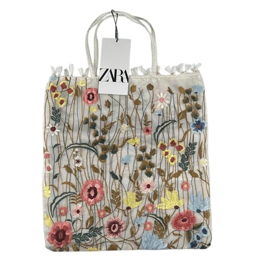 Zara Embroidered Floral Tote Bag Cream Sheer Mesh Medium - Image 1 of 4