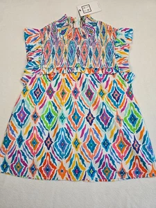 NWT Colorful THML Womens Shirt Small Geometric Print 100% Cotton Ruffle Sleeves - Picture 1 of 5