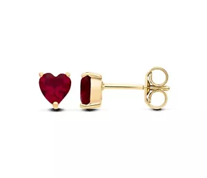 9ct Yellow Gold Created Ruby Heart Solitaire Stud Earrings - July Birthstone - Picture 1 of 8