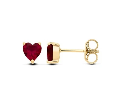 9ct Yellow Gold Created Ruby Heart Solitaire Stud Earrings - July Birthstone - Image 1 of 4