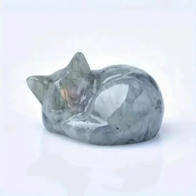 Handcrafted Labradorite Sleeping Cat Figurine Home Decor Artwork Unique Gift — 第 1/3 张图片