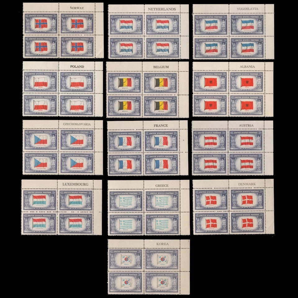 1943 WWII Overrun Countries # 909-921 MNH Complete Set (13) Country Name Blocks - Image 1 of 1
