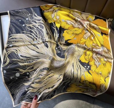 100% Silk 26” large Square Scarf Women neckerchief Wrap floral yellow - Imagem 1 de 4