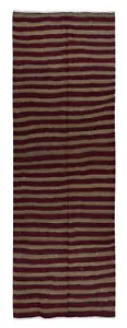 3.8x11.3 Ft Handmade 1970s Runner Kilim with Burgundy Red, Brown & Black Stripes - Picture 1 of 5