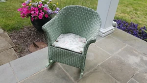 Vtg. Doll or Child's Wicker Rocking Chair, Green Paint, Cute Front Porch Rocker  - Picture 1 of 11