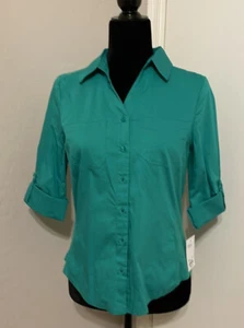 Stretch Fabric Button Up Blouse. Front Pockets. Half Sleeve. Petite XS. Orig $36 - Picture 1 of 6