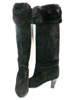 YSL Black Suede Boots Sz 5.5 Fur Trim Knee High Heels Italy Yves Saint Laurent  - Image 1 of 4