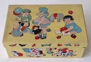 Antike 40er Jahre weiße Leder Baby Schuhe bunt Kinder spielen Puppe Blöcke Box - Bild 1 von 4